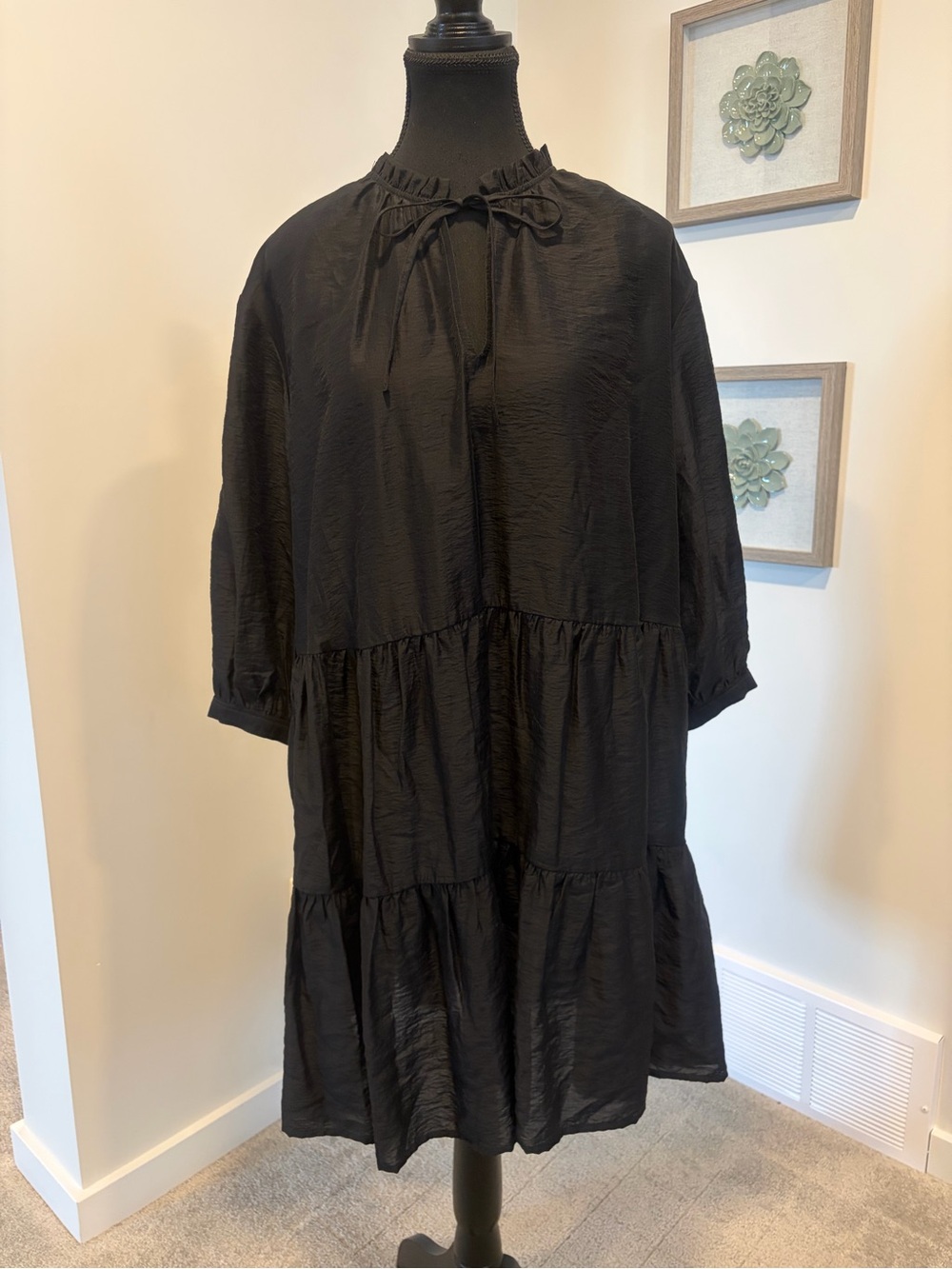Hudson North Sheer Black Ruffle Tie-Neck Puff Sleeve Tiered Mini Dress NWT!